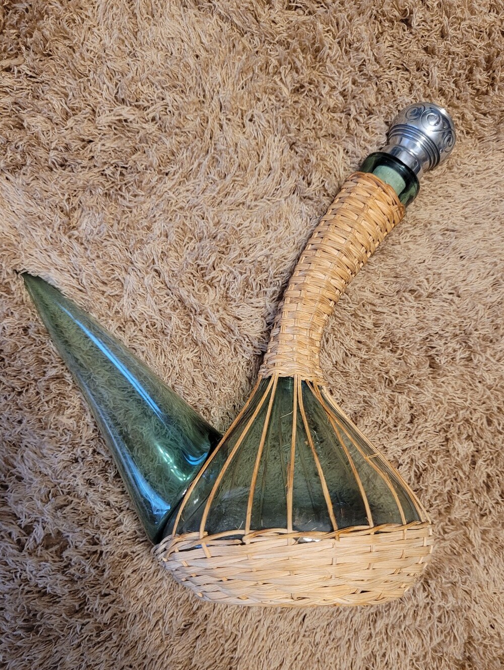 Handwoven Rattan & Green Blown Glass Decorative Wine Pitcher.